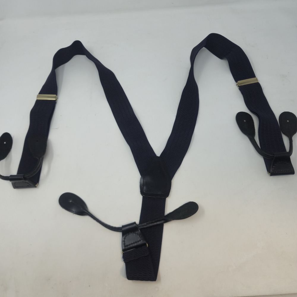 Vintage Pelican USA Suspenders Navy Blue Y-Back Black Leather Button Ends